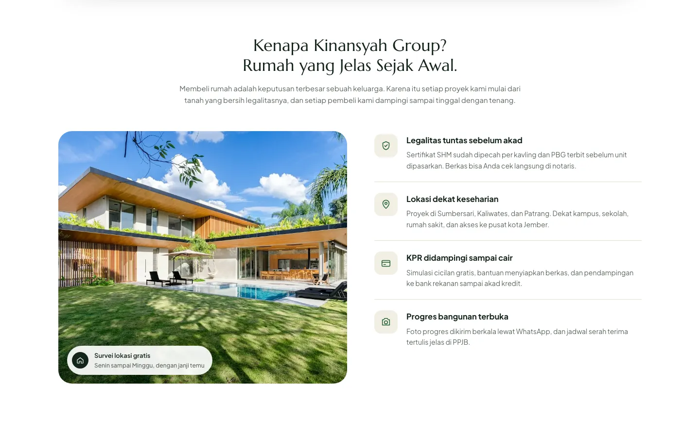 Kinansyah Group website sections: why choose us, listings and testimonials